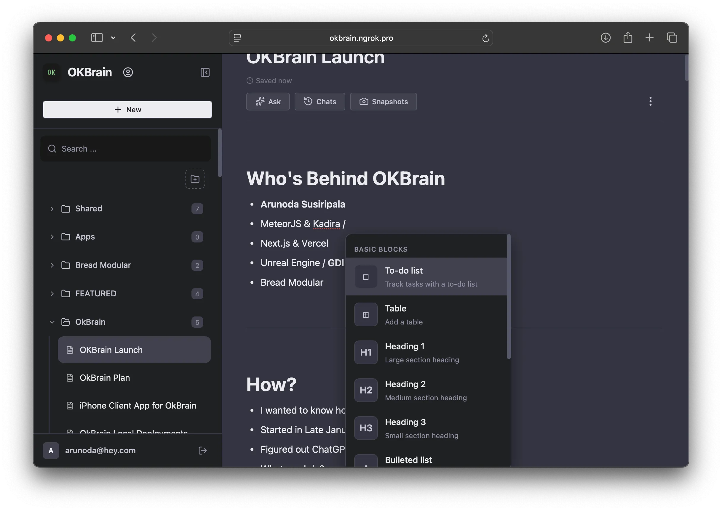 OKBrain documents editor interface